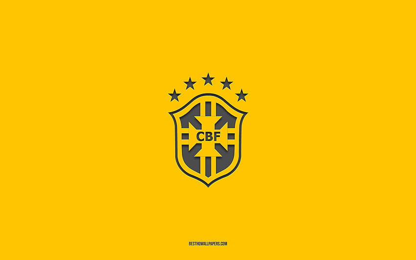 Brazil national football team, yellow background, football team, emblem, CONMEBOL, Brazil, football, Brazil national football team logo, South America HD wallpaper