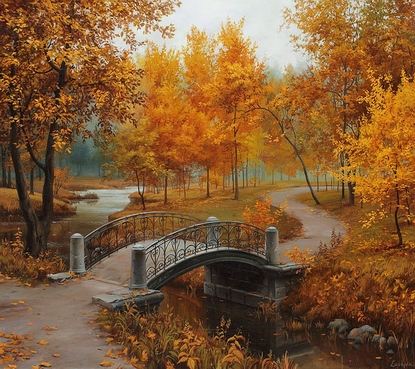 Otoño en el viejo parque, hojas, bosque, puente, arte, río fondo de pantalla
