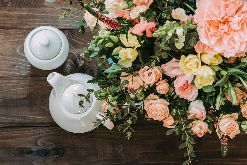 Lebensmittel, Blumenstrauß, Wasserkocher, Teekanne, Teetrinken, Teeparty HD-Hintergrundbild