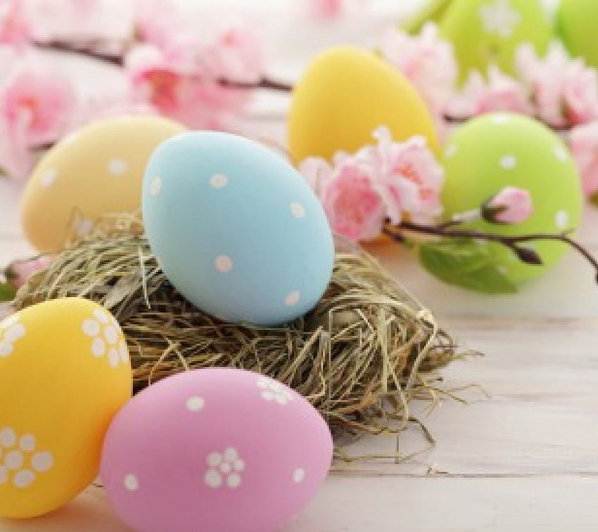 Huevos de Pascua, azul, puntos, lindo, huevos, puntos, belleza, abstracto, dulce, blanco, suave, hermoso, hierba, rosa, verde, amarillo, naturaleza, flores, encantador fondo de pantalla