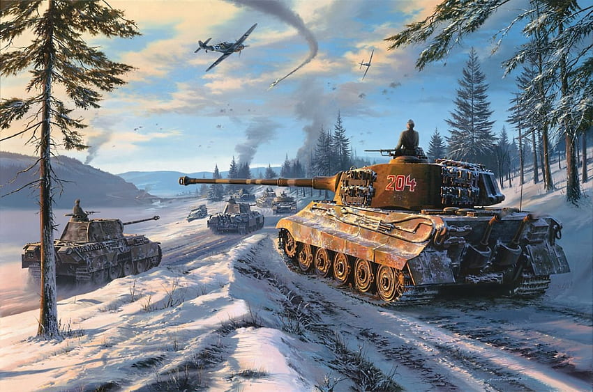 King Tiger covering the advance of Panther tanks, Ardennes HD wallpaper