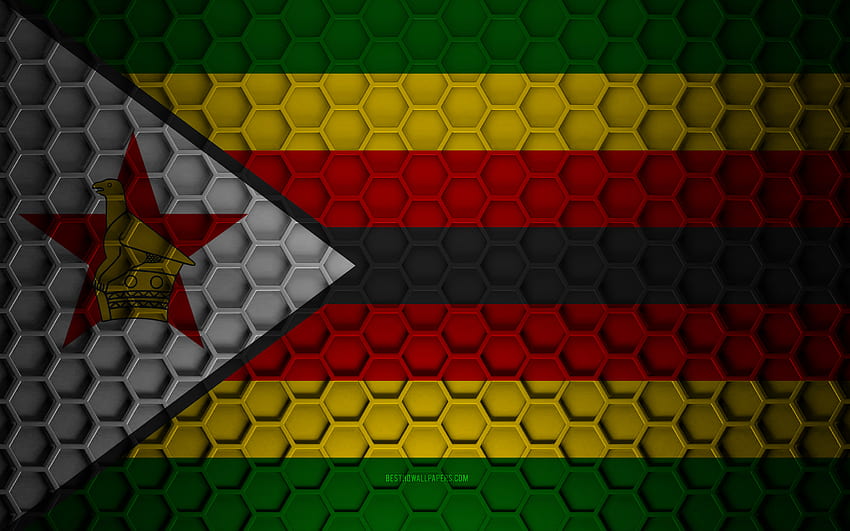 Zimbabwe flaga, 3d sześciokąty tekstury, Zimbabwe, 3d tekstury, Zimbabwe 3d flaga, metalowe tekstury, flaga Zimbabwe Tapeta HD