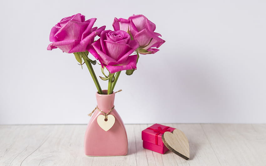 valentine, rose, pink, bouquet, vase, card, gift, heart HD wallpaper
