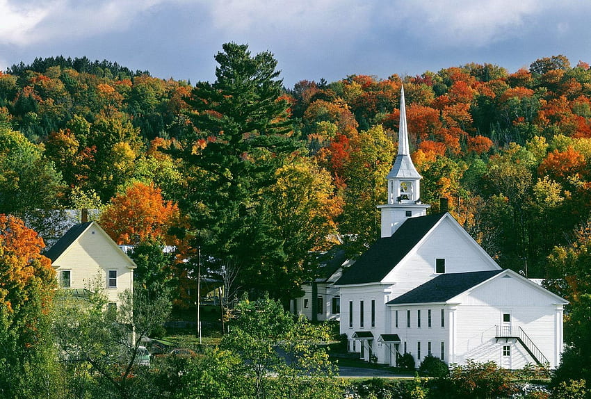Върмонт Етикет: Църква Стоу Върмонт Есенни цветове на кулата, Върмонт Пролет HD тапет