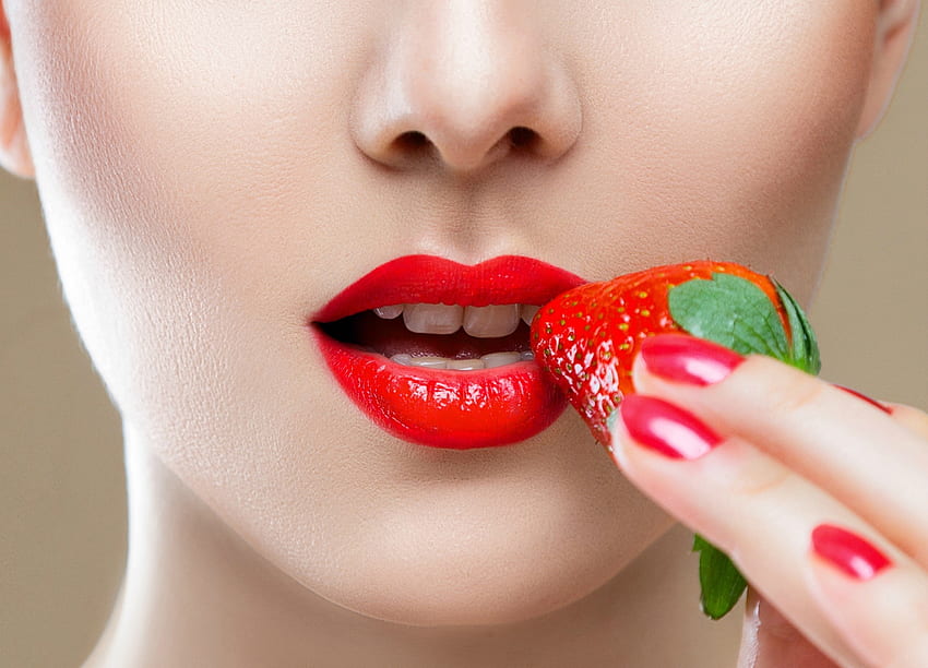 Strawberry red, strawberry, red, face, fruit, lips, woman HD wallpaper