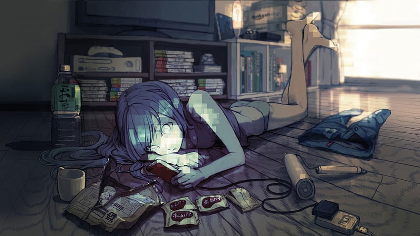 anime girls, blue hair, room, original characters, games, screenshot, gadget, pc game. Mocah, Anime Gamer Room HD wallpaper