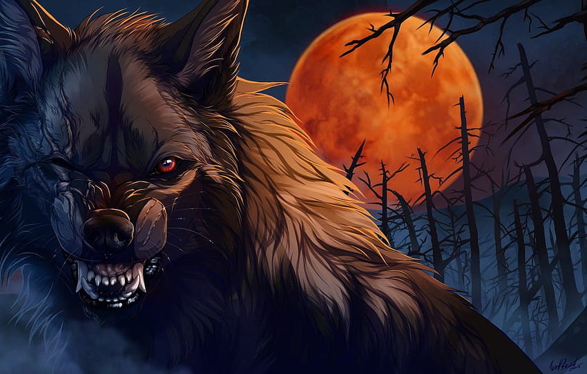 night, wolf, wool, mouth, fangs, werewolf, art, scars, evil eye, blood Moon, mater, dead forest, Wolfroad for , section фантастика, Wolf Horror HD wallpaper