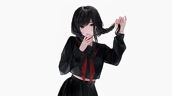 Cute, anime girl, black dress, ponytails HD wallpaper