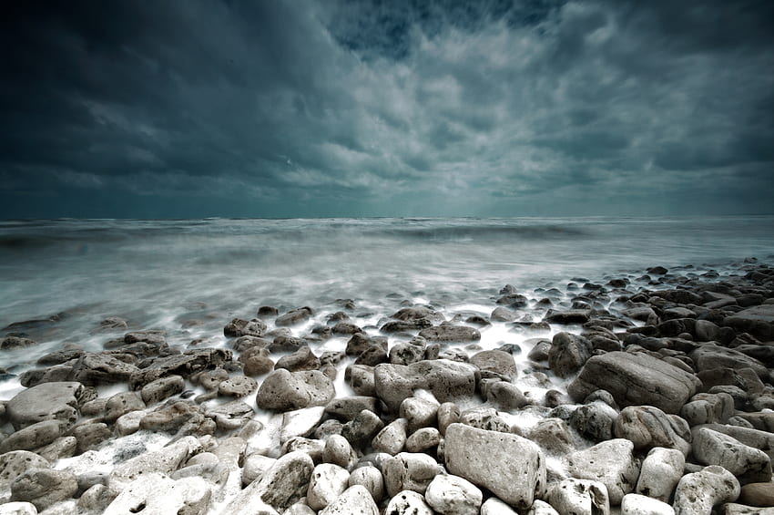 Landscape, Nature, Stones, Sea, Shore, Bank, Gloomy HD wallpaper