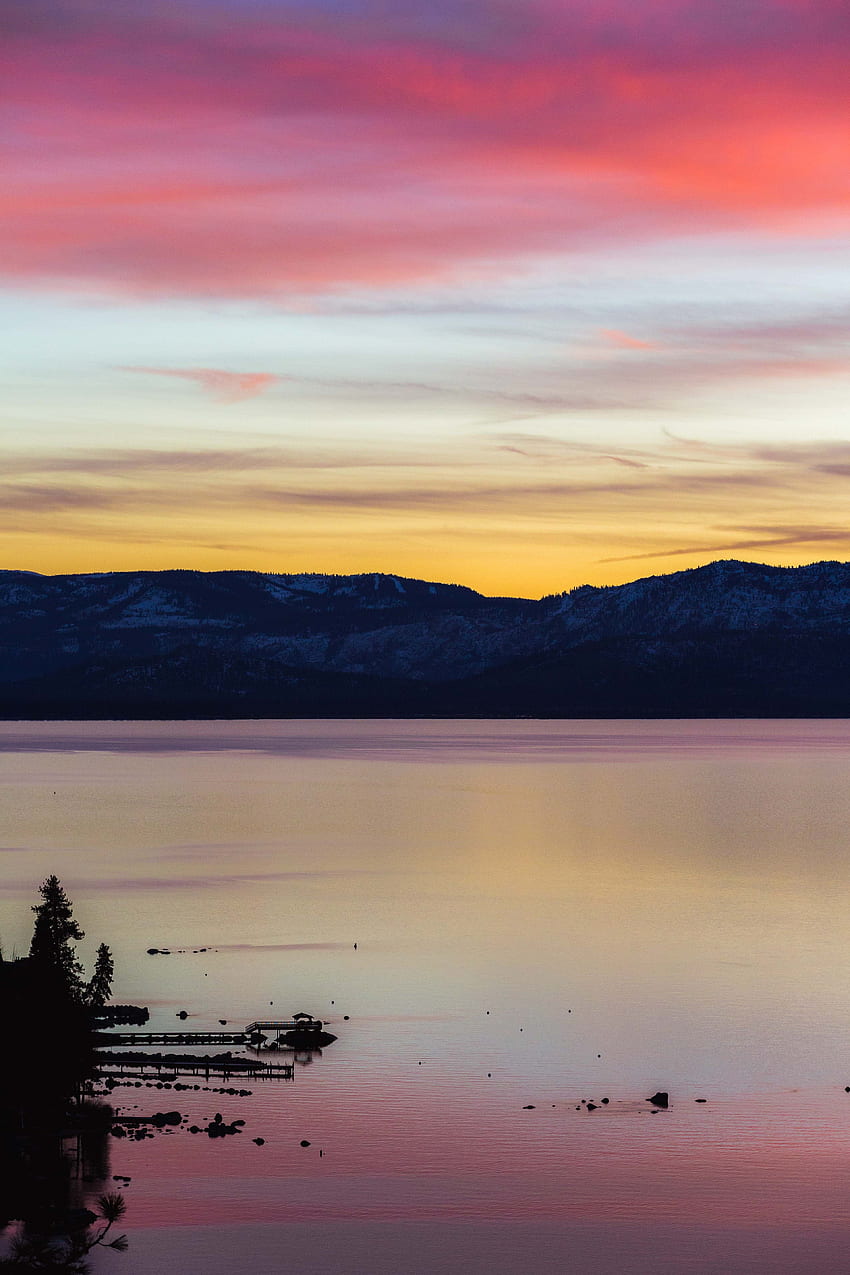 Natur, Sonnenuntergang, Berge, See, Bergkette HD-Handy-Hintergrundbild
