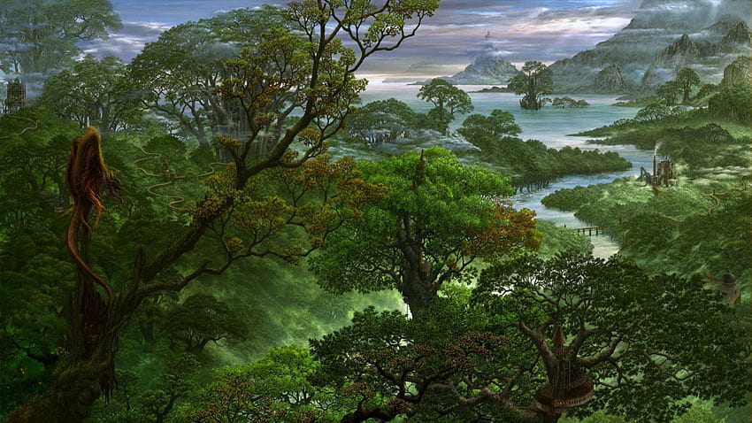 ภูมิทัศน์แฟนตาซี แม่น้ำ เนินเขา treens หญ้า ภูเขา ศิลปะ แฟนตาซี นามธรรม สีเขียว โลก ธรรมชาติ ท้องฟ้า การออกแบบกราฟิก วอลล์เปเปอร์ HD