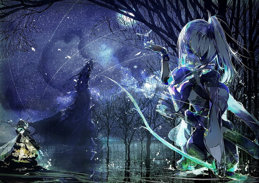 My destiny, night, awesome, stars, nice, magical, trees, female, bow, sweet, anime girl, anime, fantasy, pretty, light, white hair, fighter, river, animal, glowing, cute, dress, long hair, beauty, ater, moon, dragon, water, sea, wings, magic, beautiful, dark, spirit, lights, cool, weapon, sky HD wallpaper