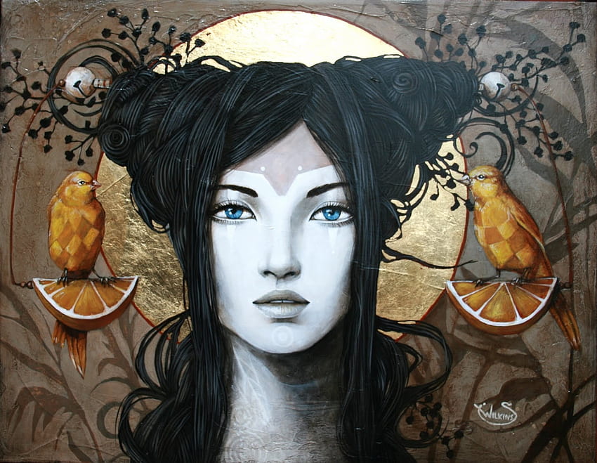 :), painting, bird, sophie wilkins, pictura, face, fruit, girl, orange HD wallpaper