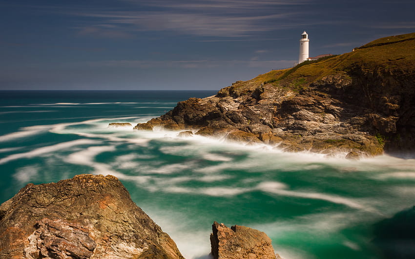 lighthouse, coast, seascape, evening, white lighthouse, waves, beautiful bay HD wallpaper