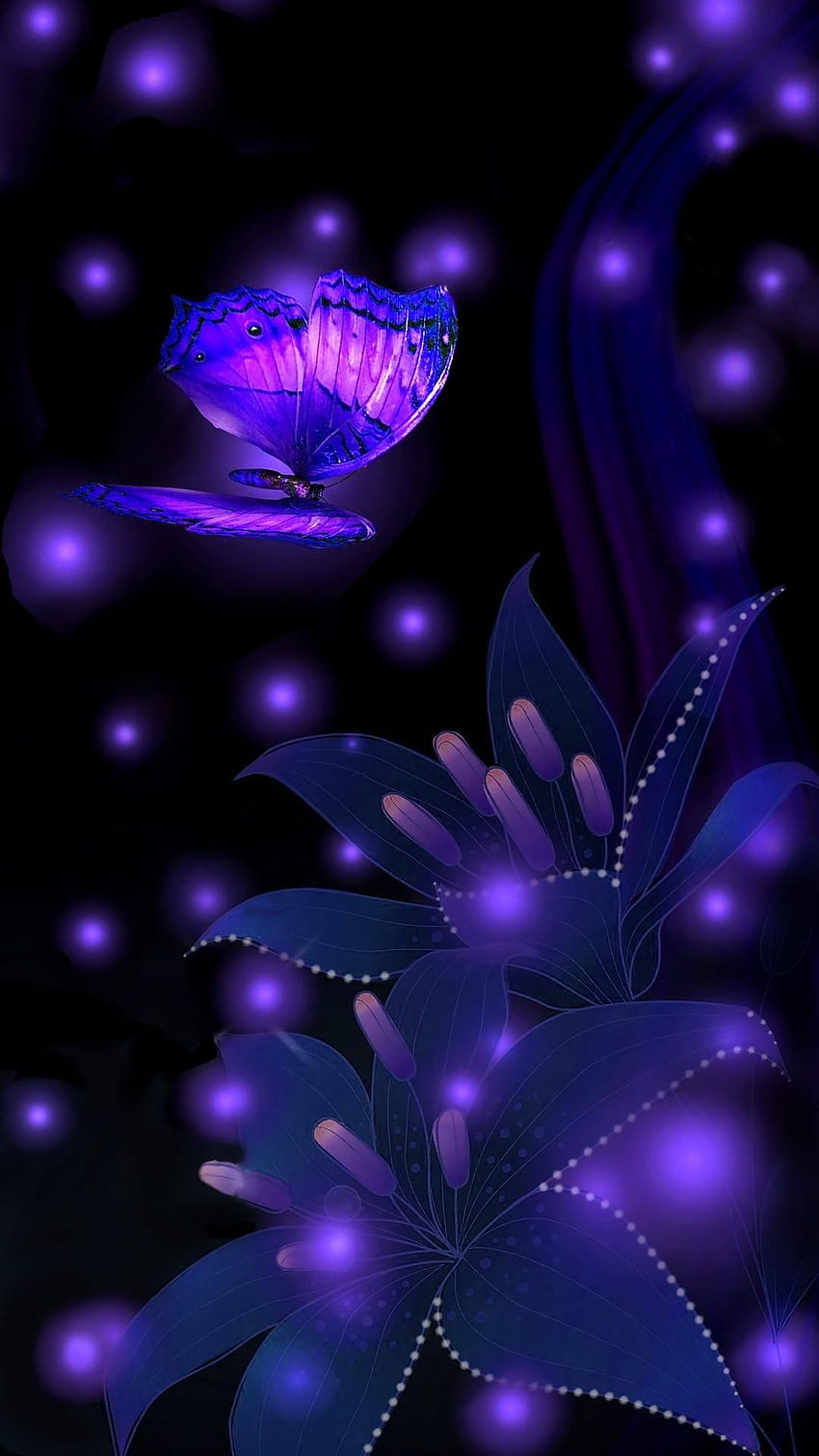 Abstrakcyjna magia nocy- motyl i kwiat ♡. Motyl, tło motyla, ciemny iPhone, fioletowy magiczny Tapeta na telefon HD