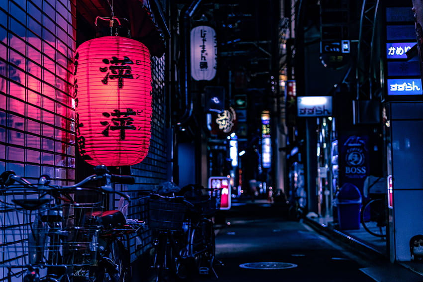 city, japanese, pink, bright, , japan, urban, bike, neon, asian, light, landscape, asium, night, background, alley, reflection, kyoto, dark, bicycle, lantern HD wallpaper