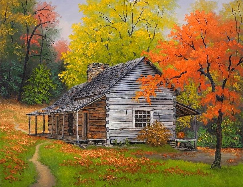 秋の素朴な、カラフルな、夢の中のアトラクション、絵画、素朴な、歩道、公園、四季を愛する、葉、小屋、木、秋、自然、秋の季節 高画質の壁紙