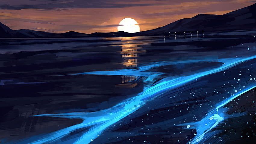 Sunset, glowing lake, artwork HD wallpaper