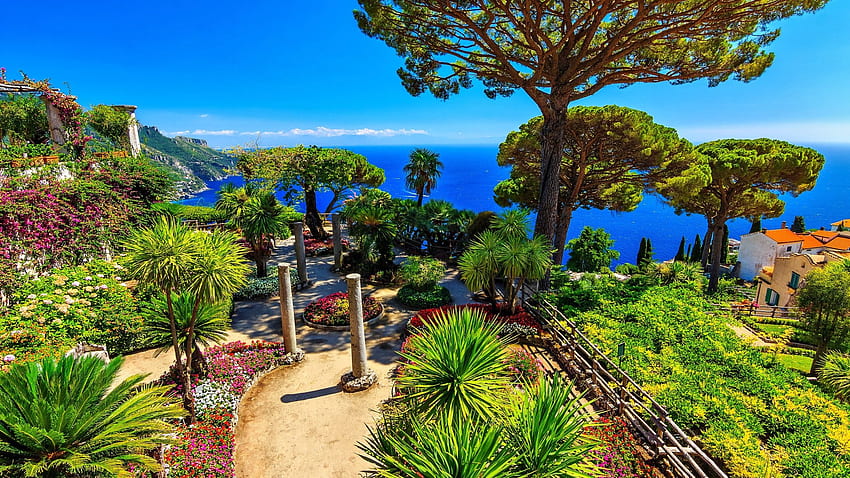 Costa de Amalfi, Italia, mar, costa, borde, árboles, Italia, naturaleza fondo de pantalla