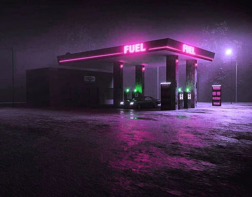 Fuel Oil Tankstelle Neon Pink Synthwave New Retro Wave Outrun. Tankstellenästhetik, Tankstellennacht, Nachtästhetik HD-Hintergrundbild