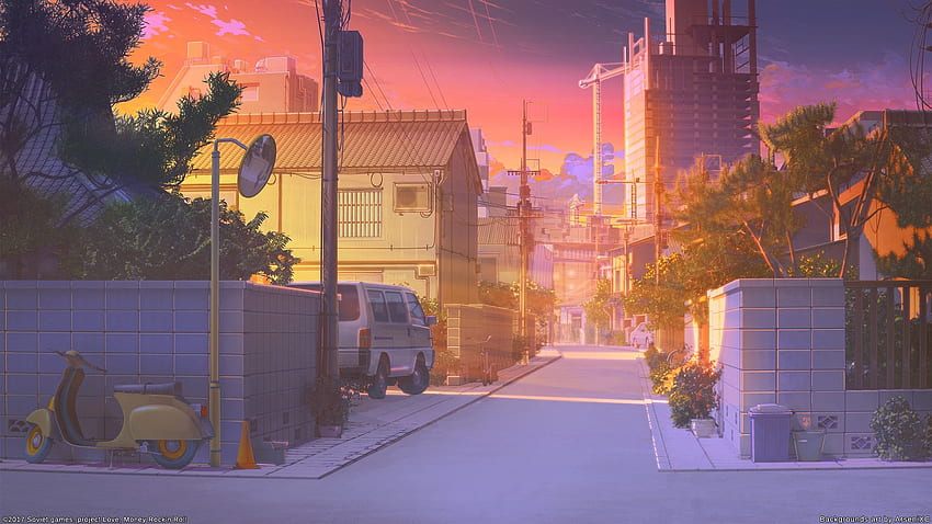 Anime Street, Scenic, Sunset, Buildings HD wallpaper