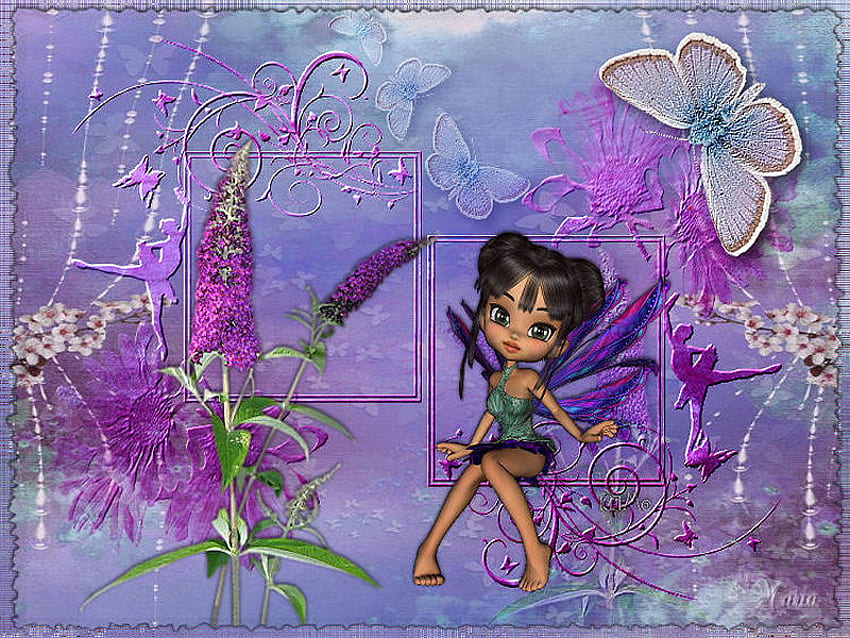 紫のおとぎ話、妖精、蝶、紫の花 高画質の壁紙