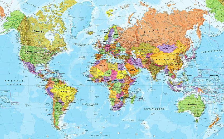 세계 지도, 정치 지도, 4к, 세계 국가, 바다, 해상도가 있는 국가 지도. 고품질, 국가별 세계 지도 HD 월페이퍼