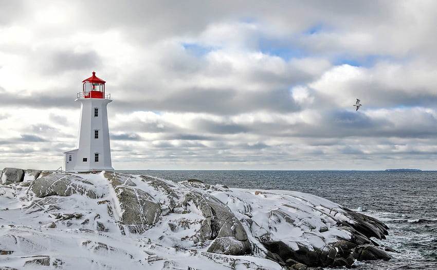 冬のノバスコシア州のペギーズ灯台、冬、海、灯台、岩、ポイント 高画質の壁紙