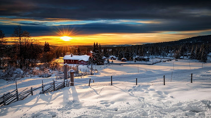 Lillehammer, Norway, scandinavia, fence, snow, colors, clouds, sky, houses, sunset, landscape HD wallpaper