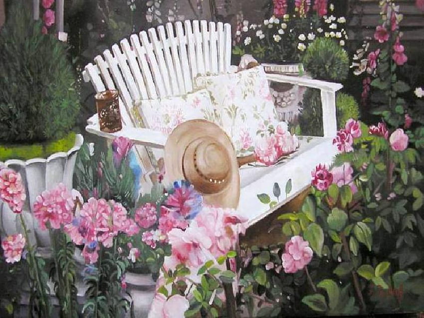 Garden Bench, bench, roses, painting, garden, glass, hat, pillows HD wallpaper