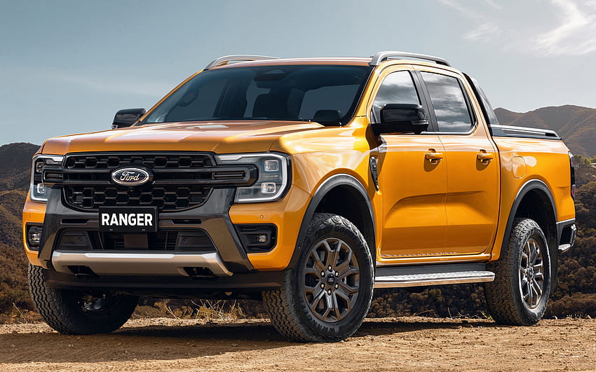 2022, Ford Ranger, Double Cab Wildtrak, front view, exterior, new yellow Ranger, american cars, Ford HD wallpaper