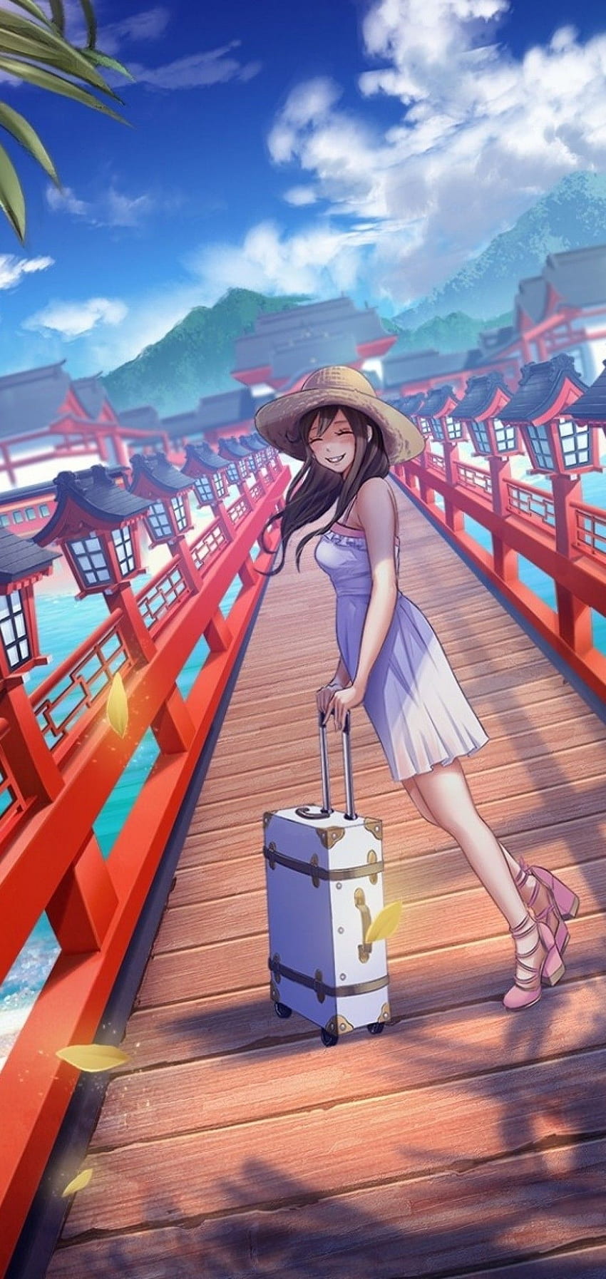 Anime Girl, Bridge, Trip, Holiday, Vacation, Happy Face para Samsung Galaxy S10e, Xiaomi Mi A2 Lite, OnePlus 6 - Maiden fondo de pantalla del teléfono