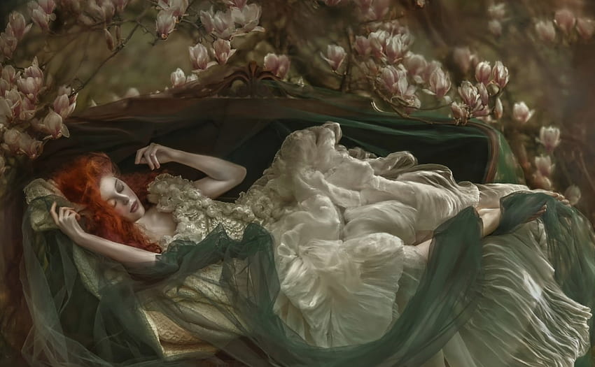 dormant dreams, agnieszka lorek, white, art, girl, dress, magnolia, woman, pink, flower, green, ophidia, redhead HD wallpaper