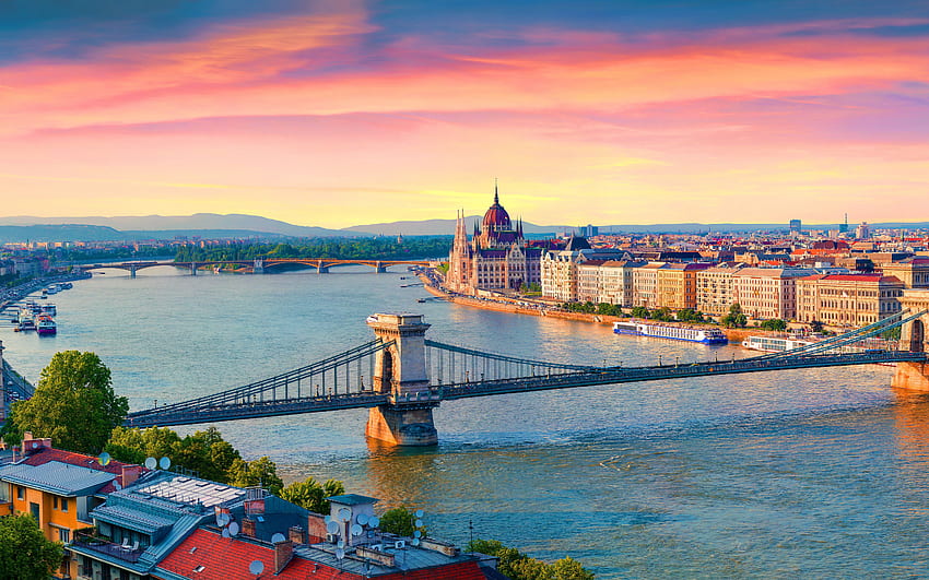 Budapest, Palazzo del Parlamento ungherese, Danubio, sera, tramonto, paesaggio urbano di Budapest, panorama di Budapest, Ungheria Sfondo HD