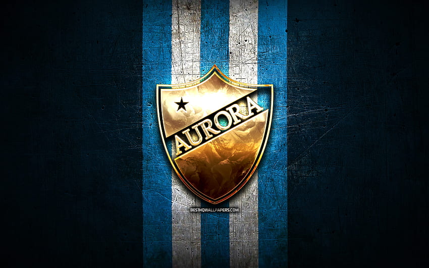 Deportivo Aurora FC, logo doré, Primera Division bolivienne, fond bleu métal, football, club de football vénézuélien, logo Club Deportivo Aurora, football, Primera Division vénézuélienne, Club Deportivo Aurora Fond d'écran HD