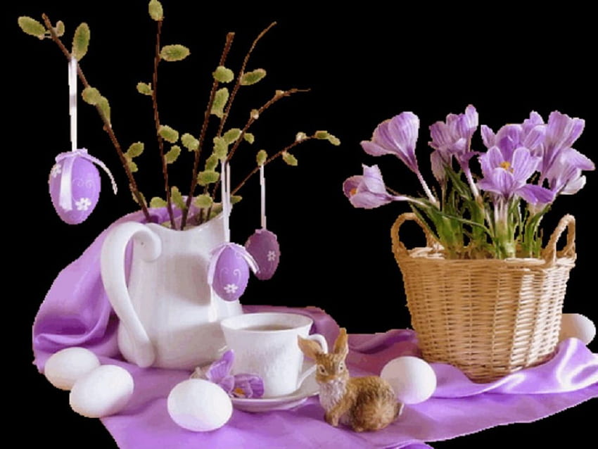 Easter morning tea, tea, morning, tea time, Easter, spring, eggs, crocuses HD wallpaper