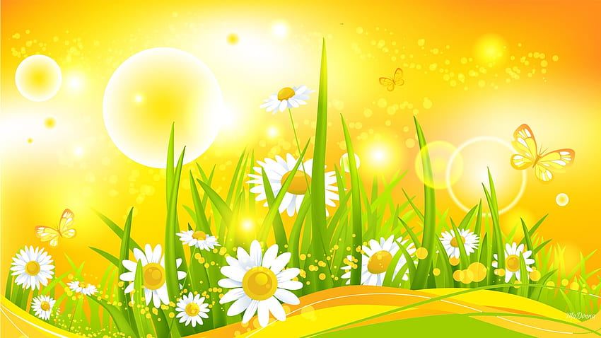 Spring Sunshine, soleil, lumière du soleil, camomille, herbe, papillons, printemps, thème Firefox Persona, marguerites, bulles Fond d'écran HD