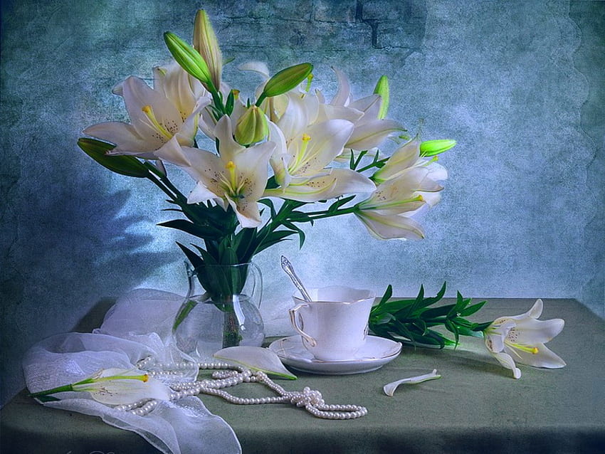 Stilleben, Tee, Vase, Tasse, schön, zart, hübsch, Kaffee, Blumen, lieblich HD-Hintergrundbild