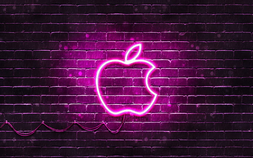 Fioletowe logo Apple, fioletowa ściana z cegły, fioletowe neonowe jabłko, logo Apple, marki, neonowe logo Apple, Apple dla z rozdzielczością. Wysoka jakość Tapeta HD
