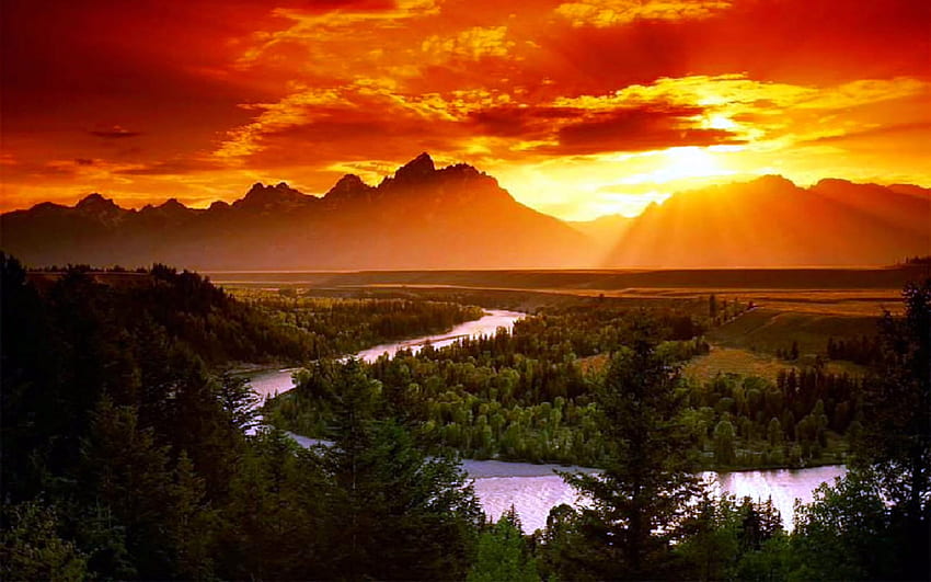 ท้องฟ้าสีแดง แสงแดด พระอาทิตย์ตก โค้ง แม่น้ำ ป่าสน ยอดเขาหิน ภูเขาหิน พระอาทิตย์ตก วอลล์เปเปอร์ HD