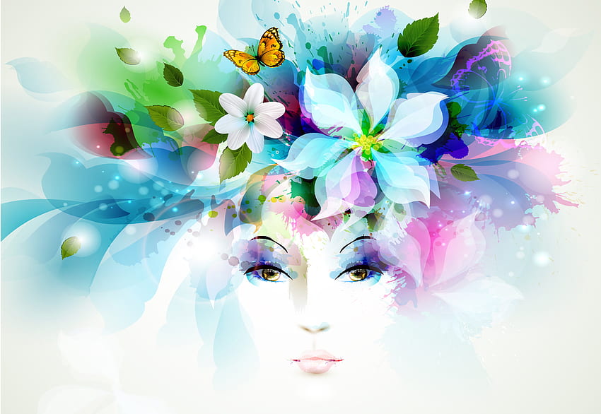 Blätter, Blumen, Kunst, Blütenblätter, Gischt, Schmetterling, Anblick, Meinung, Mädchen HD-Hintergrundbild