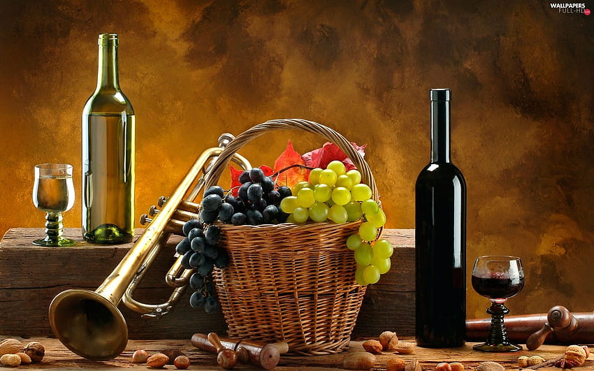 Vinho, trompete, cesto, uvas - Completo: papel de parede HD