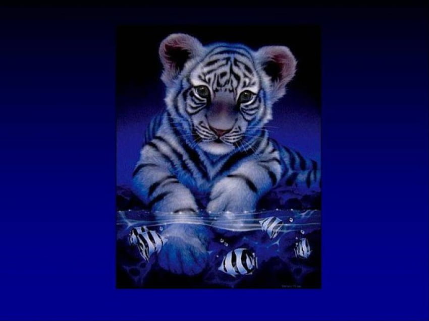 Tiger cub, fish, water, art HD wallpaper