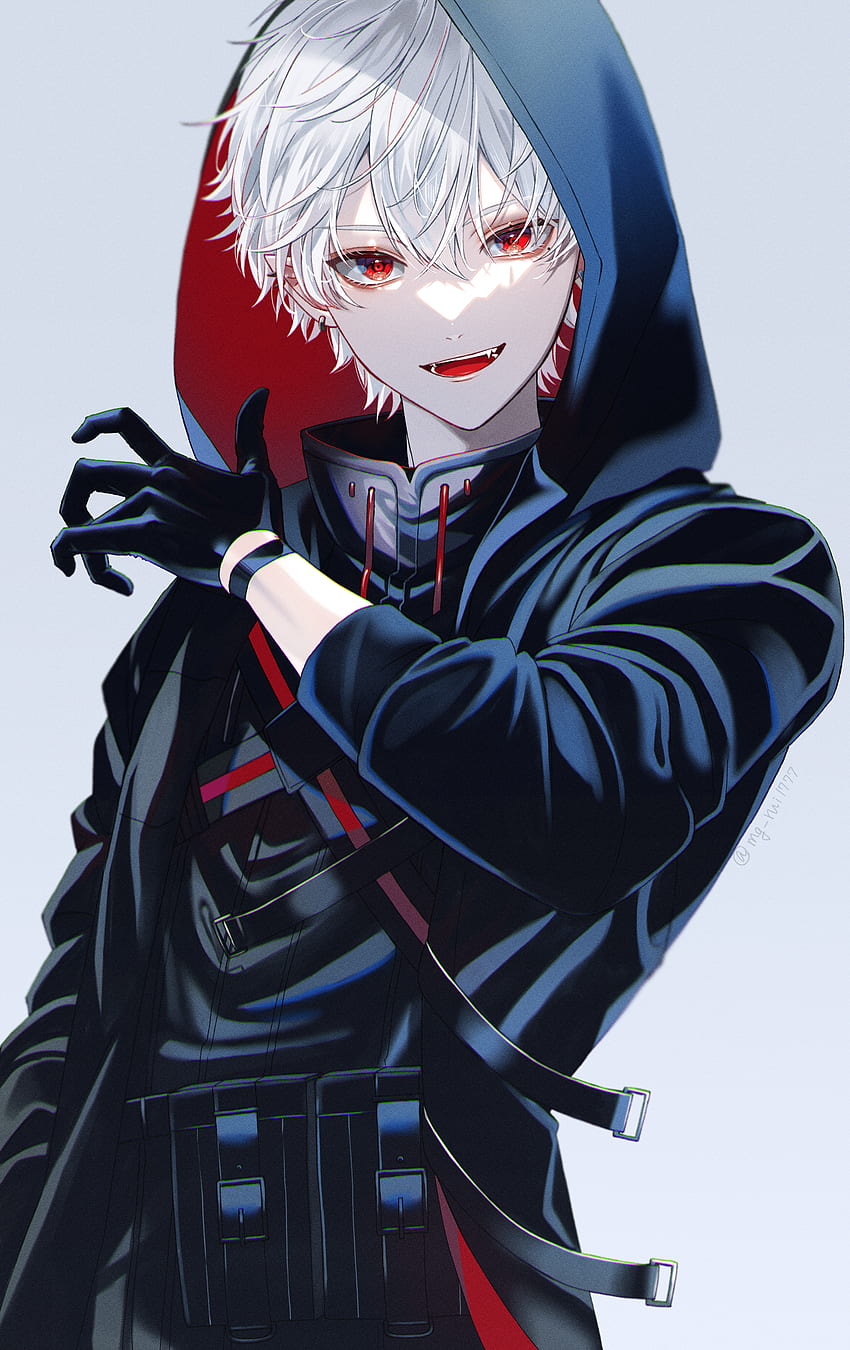 white hair anime boy with red eyes