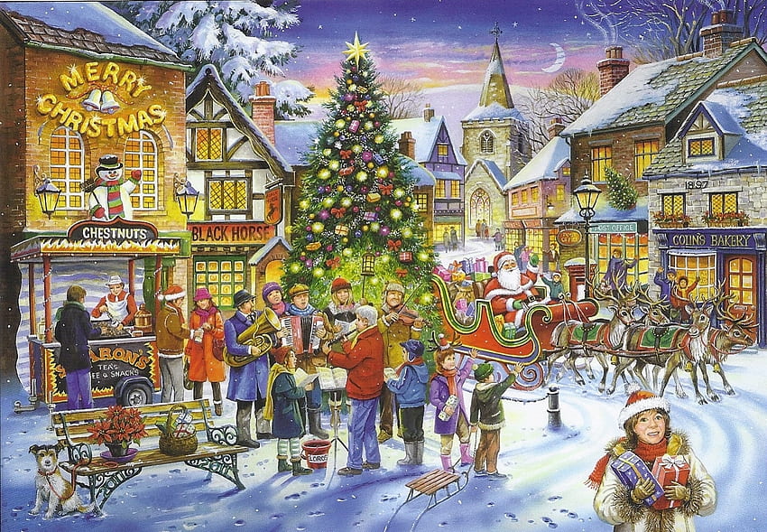 Christmas Eve Night, carols, presnts, pub, post office, church, reindeer, snow, christmas, Christmas tree, bakery, village, santa, chestnuts, sled HD wallpaper