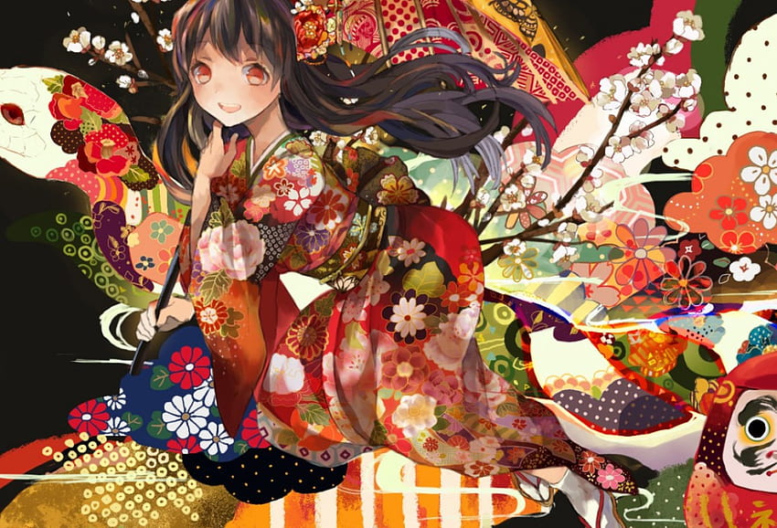 gadis anime, ular, hewan, payung, putih, hitam, seni, gadis, oranye, anime, bunga, kuning, merah, manga Wallpaper HD