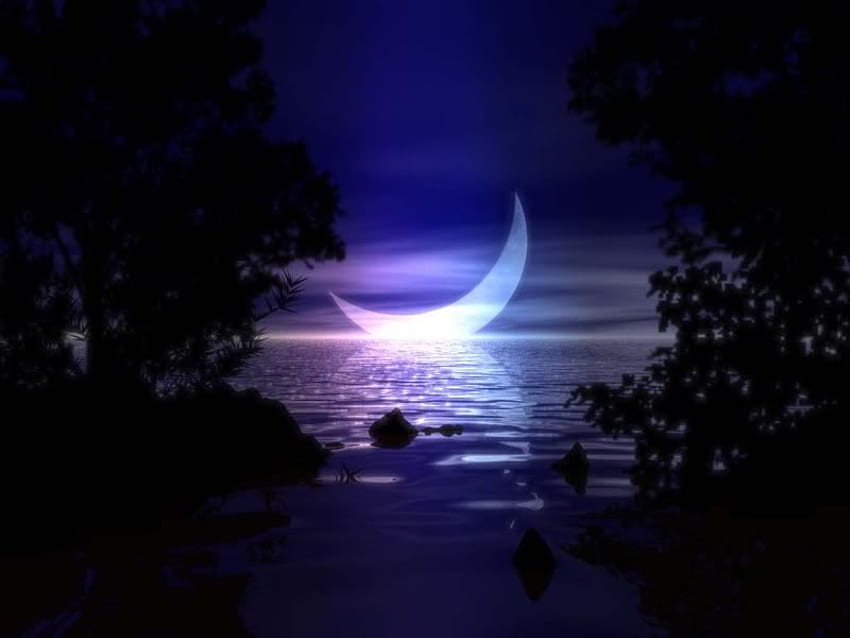 LUNA CRECIENTE OCÉANO, púrpura, luna, océano, creciente fondo de pantalla