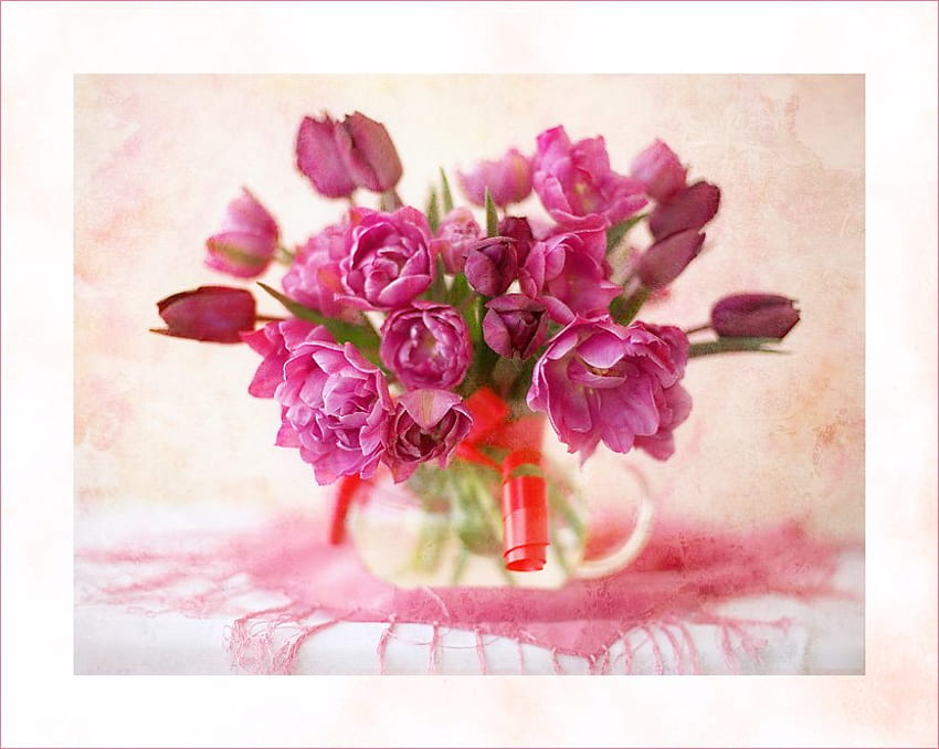 still life, bouquet, graphy, vase, beautiful, tulips, nice, jug, pink, flower, cool, flowers, , lilac HD wallpaper