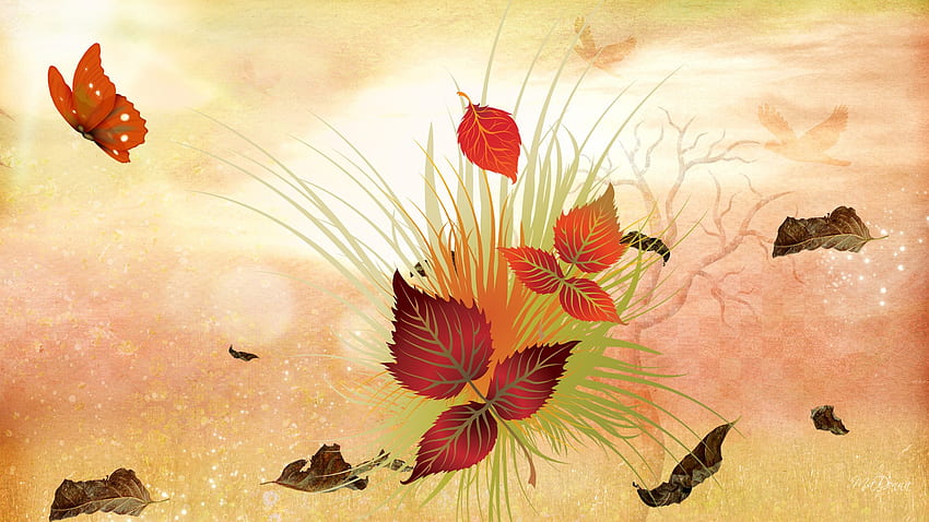 Seasons Collide, Farbe, Firefox-Persona, Herbst, Gras, Sommer, Blätter, Schmetterling, abstrakt, Herbst HD-Hintergrundbild