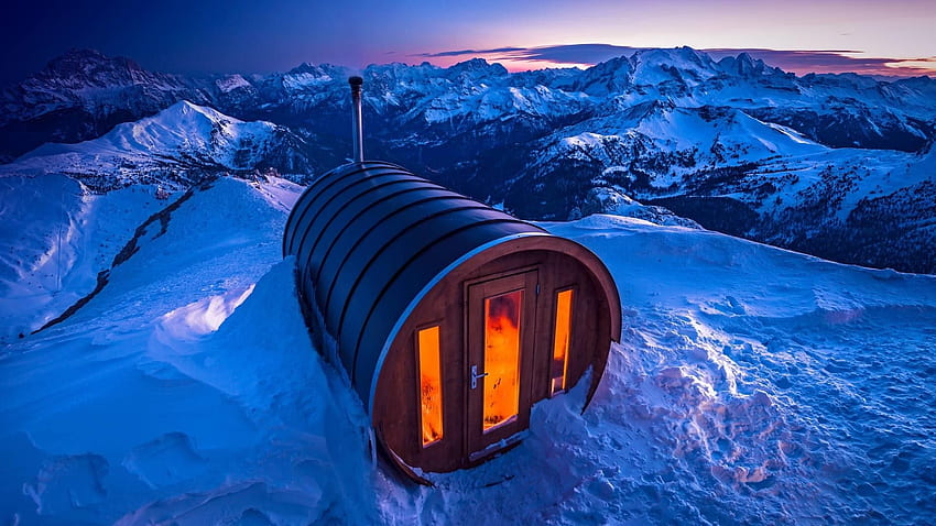 Italia, Dolomitas, casa de sauna, nieve, invierno completo fondo de pantalla